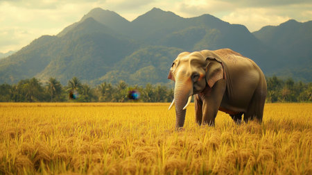 A stunning scene featuring a majestic elephant foraging in a golden rice field, framed by towering mountains and an enchanting sky at sunset. Nature's beauty preserved.の素材