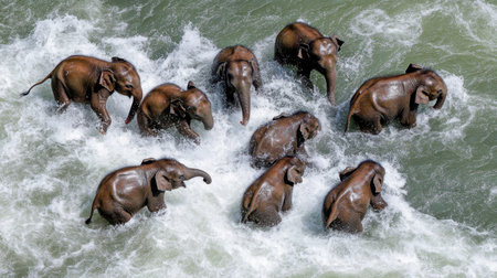 This vibrant image captures elephants joyfully splashing in water as they engage in a playful moment amidst a beautiful natural setting, showcasing their wild side.の素材