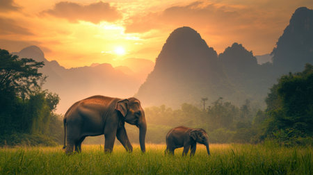 Capture the serene essence of nature with this stunning image of elephants gracefully roaming in lush fields during sunset, framed by magnificent mountains and soft light.の素材