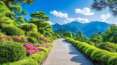 Explore a tranquil pathway in a vibrant Japanese garden, showcasing colorful flowers and majestic mountains under a clear blue sky, inviting peace and beauty.の素材