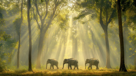 A serene scene depicting a group of elephants walking gracefully through a sunlit forest, with soft rays illuminating their path and creating a tranquil atmosphere.の素材