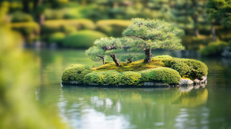 A serene view of a Japanese garden featuring a small island with bonsai trees, surrounded by tranquil water and lush greenery, creating a peaceful atmosphere for relaxation.の素材