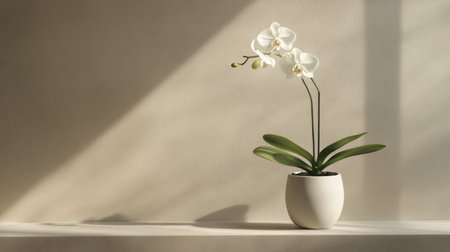 A beautiful white orchid in a minimalist pot creates a serene ambiance, enhanced by soft natural light. Ideal for indoor decor and elegant styling.の素材
