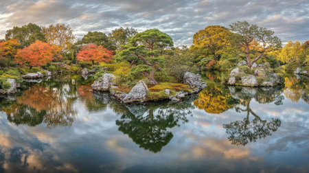 Experience the tranquil beauty of a Japanese garden at dusk, showcasing vibrant autumn foliage and serene reflections in the still water, perfect for peaceful retreats.の素材