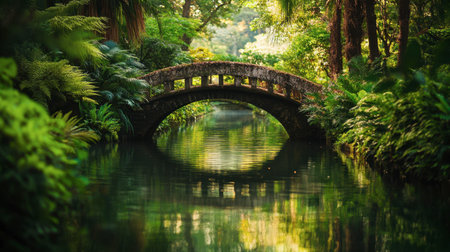 A tranquil garden scene featuring a stone bridge over calm waters surrounded by vibrant greenery, creating a peaceful atmosphere perfect for relaxation and exploration.の素材
