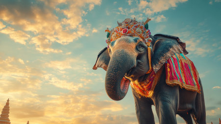 A stunning portrait of a decorated elephant standing gracefully against a vibrant sunset, showcasing cultural heritage and natural beauty in a serene landscape setting.の素材