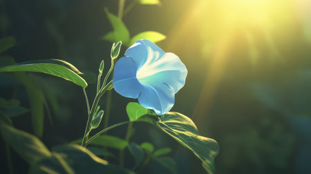 A captivating blue flower gracefully illuminated by warm sunlight, surrounded by lush green foliage, creating a tranquil and aesthetically pleasing natural scene.の素材