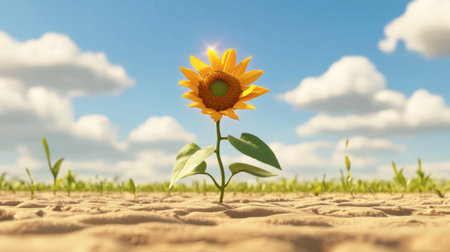 A vibrant sunflower stands alone in dry soil, reaching towards a bright blue sky. This image represents resilience and hope in the face of adversity, showcasing nature's beauty.の素材