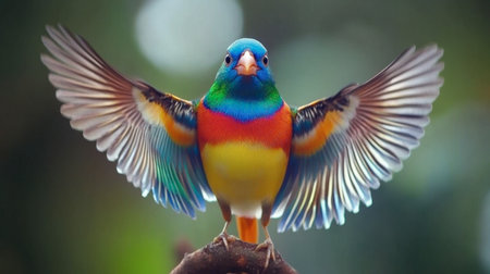 A stunning image of a vibrant bird with outstretched wings displaying its colorful feathers in a natural setting. Perfect for showcasing wildlife beauty and nature photography.の素材