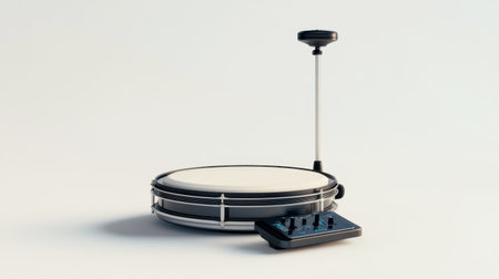 A modern electronic drum pad with a sleek design, featuring a control interface and stand. Ideal for music production, sound design, and artistic expression in a studio environment.の素材