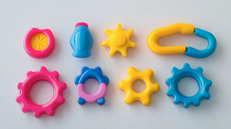 A vibrant assortment of baby teething toys featuring various engaging shapes perfect for sensory play and encouraging early development in infants.の素材