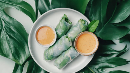 A visually stunning depiction of fresh spring rolls arranged elegantly on a white plate, accompanied by rich dipping sauces and surrounded by lush green leaves for a vibrant presentation.の素材