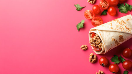 A delicious wrap filled with fresh tomatoes and walnuts, garnished with herbs, set against a bright pink background. Ideal for showcasing healthy eating.の素材