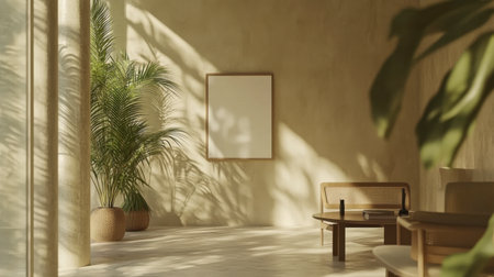 A minimalist modern interior showcasing warm tones, natural light, and lush greenery, perfect for promoting tranquility in contemporary living spaces. Ideal for relaxation and aesthetic design inspiration.の素材