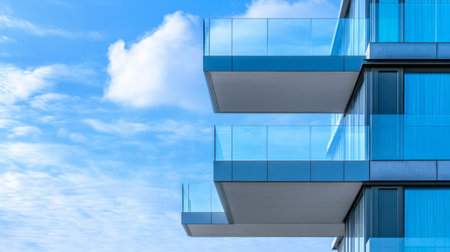 A stunning view of a modern building's balconies featuring transparent glass railings against a clear blue sky, highlighting contemporary architecture and urban elegance.の素材