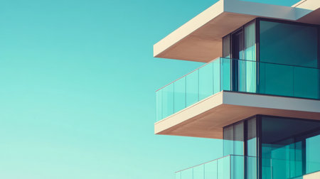 A stunning modern building showcasing sleek glass balconies and minimalist architecture under a clear blue sky, perfect for contemporary design enthusiasts.の素材
