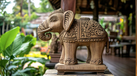 This beautifully crafted wooden elephant figurine showcases intricate carvings and stands elegantly in a serene garden, blending art and nature seamlessly.の素材