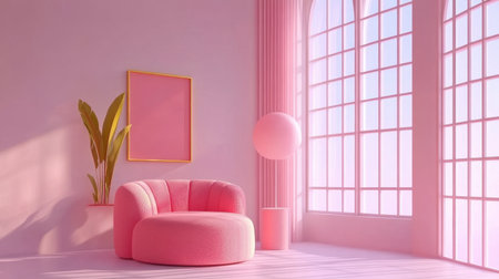 Bright and inviting modern lounge featuring a pink curved chair, tropical plant, and ample sunlight from large windows, creating a cozy and vibrant atmosphere.の素材