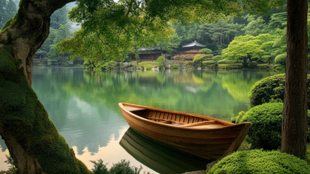 A picturesque wooden boat rests on the calm waters, reflecting the lush greenery and tranquil scenery of a beautiful garden, inviting a moment of peaceful reflection.の素材