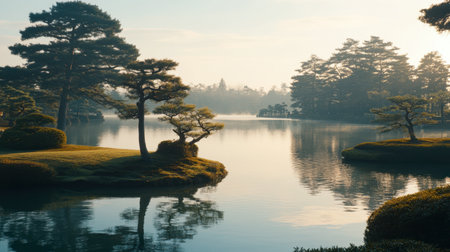A breathtaking view of a tranquil lake at dawn, framed by lush trees and serene reflections, inviting peace and contemplation in a Japanese garden atmosphere.の素材