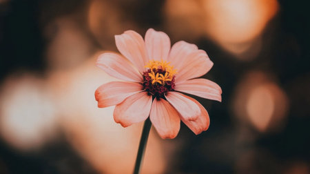 A stunning close-up of a delicate pink flower showcasing its vibrant petals and yellow center, set against a softly blurred bokeh background in warm, earthy tones.の素材