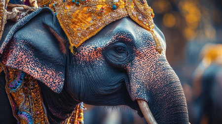 A stunning portrait of an Asian elephant adorned with beautiful headgear, capturing the essence of celebration and cultural significance in vibrant settings.の素材
