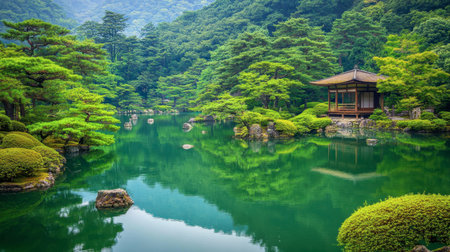 A picturesque Japanese garden featuring a serene pond, lush green trees, and an elegant pavilion, offering a tranquil escape into nature's beauty and peaceful reflection.の素材