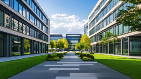 A vibrant urban business district showcases modern architecture featuring sleek glass buildings and lush greenery, creating a harmonious balance between nature and industry.の素材