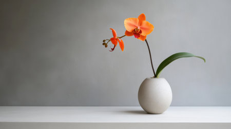 A stunning orange orchid gracefully positioned in a simple vase against a soft gray background, perfect for inspiring tranquil and modern decor themes.の素材