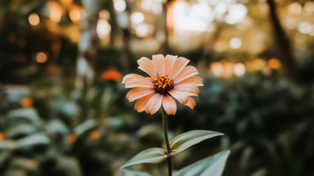 A beautiful pink flower captures attention in a serene garden, surrounded by lush green foliage, evoking feelings of tranquility and natural beauty in a soft sunlight glow.の素材