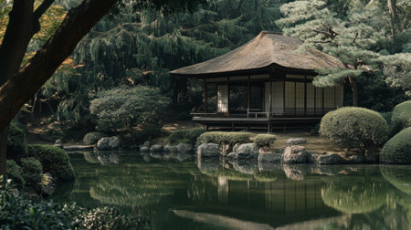 A serene Japanese garden featuring a tranquil pond and a traditional tea house, surrounded by lush greenery and reflecting calm water, perfect for relaxation and meditation.の素材
