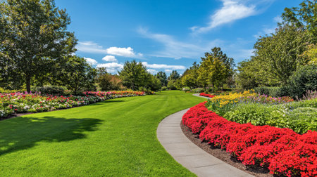 Explore a stunning garden featuring vibrant flowers against a lush green lawn under a blue sky, perfect for relaxation and enjoying nature's beauty.の素材
