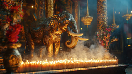 A stunning golden elephant statue graces a serene sanctuary, illuminated by warm candlelight and enveloped in soft smoke, creating a tranquil and mystical atmosphere.の素材