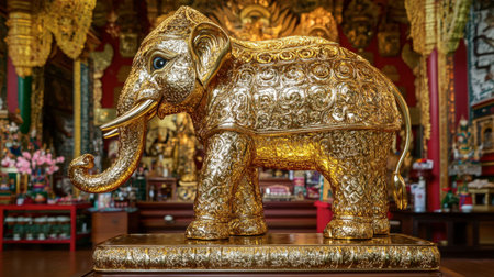 This stunning golden elephant statue is a captivating symbol of cultural heritage, beautifully crafted and displayed in a temple setting, exuding spiritual significance and tranquility.の素材