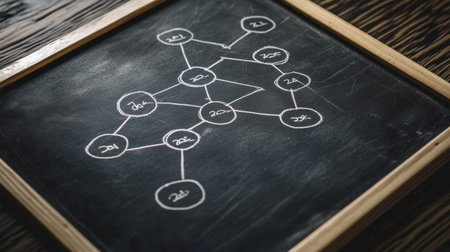This image features a network diagram sketched on a chalkboard, showcasing connections and relationships. It serves as a great tool for educational and business environments.の素材