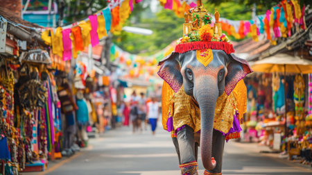 A vibrant street scene featuring a beautifully decorated elephant walking through a bustling market, surrounded by colorful festival banners and traditional crafts that capture the essence of cultural celebration.の素材
