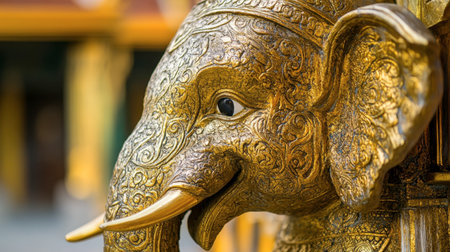 This stunning close-up image showcases an intricately carved golden elephant sculpture, symbolizing cultural heritage and artistic craftsmanship in a vibrant temple setting.の素材