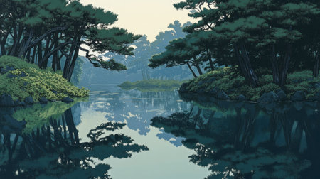 A serene landscape showcasing a calm lake reflecting trees and the surrounding forest, creating a peaceful atmosphere in soft morning light, ideal for nature lovers.の素材