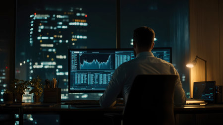 A businessman is intently analyzing stock market trends at night in a modern office, surrounded by city lights, showcasing a blend of technology and professional focus.の素材