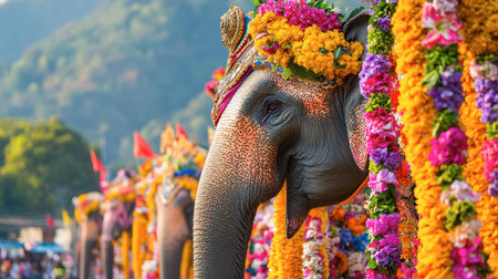 This stunning image features a decorated elephant adorned with colorful flowers, capturing the vibrant essence of a festive celebration rich in culture and nature.の素材