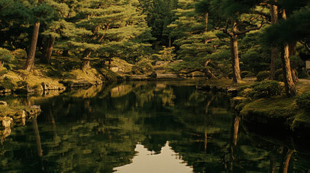 A serene Japanese garden showcasing a calm pond and lush greenery. The still water reflects the surrounding trees, creating a peaceful atmosphere perfect for relaxation and contemplation.の素材