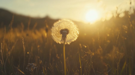 A beautiful dandelion seed head stands alone in a sunlit meadow, capturing the essence of nature's beauty and the peaceful ambiance of the early morning light.の素材