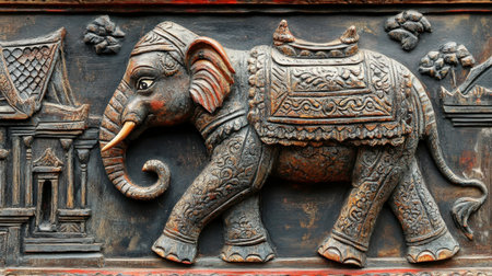 This exquisite wooden relief features a beautifully carved elephant with intricate details, symbolizing tradition and artistry, ideal for enhancing cultural themes in decor or design.の素材