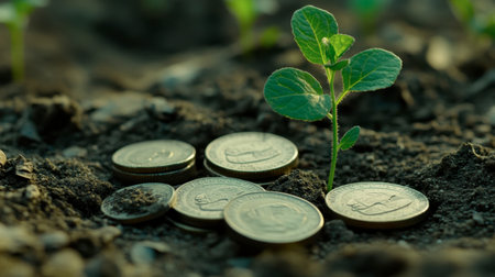 A young plant emerges from rich soil, surrounded by coins, representing a powerful metaphor for financial growth through sustainable practices and eco-friendly investments.の素材