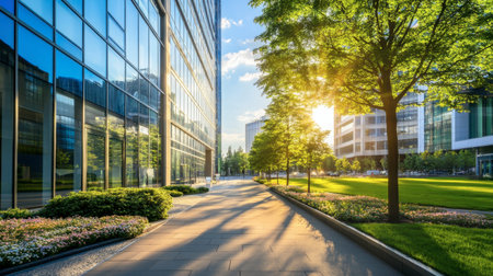 A serene urban pathway is lined with lush greenery and vibrant flower beds, with modern glass buildings reflecting the warm sunlight in a picturesque cityscape.の素材