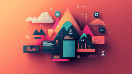 This vibrant illustration blends mountains, graphs, and icons to represent data analysis, business growth, and technology in a modern visual context. Perfect for digital projects.の素材
