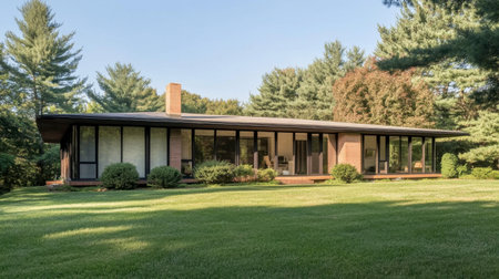 This image features a modern single-story house set in a tranquil landscape, surrounded by lush greenery and large windows that invite natural light into the living spaces.の素材