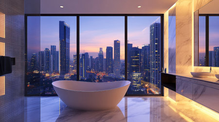 A modern bathroom featuring a stunning freestanding bathtub with an impressive city skyline at sunset, creating a serene and luxurious atmosphere perfect for relaxation.の素材