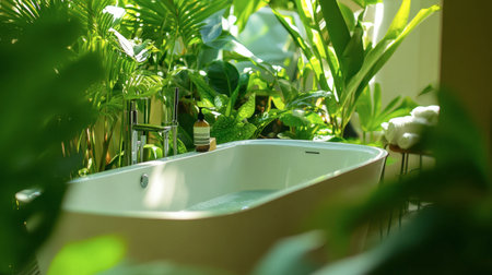 Experience tranquility in this modern bathroom featuring a beautiful bathtub surrounded by vibrant green plants, creating a serene and rejuvenating environment for relaxation.の素材