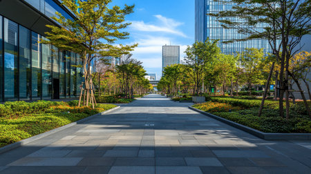 This image showcases a tranquil urban park pathway lined with green trees and modern buildings, inviting visitors to enjoy a peaceful stroll under a clear, sunny sky.の素材